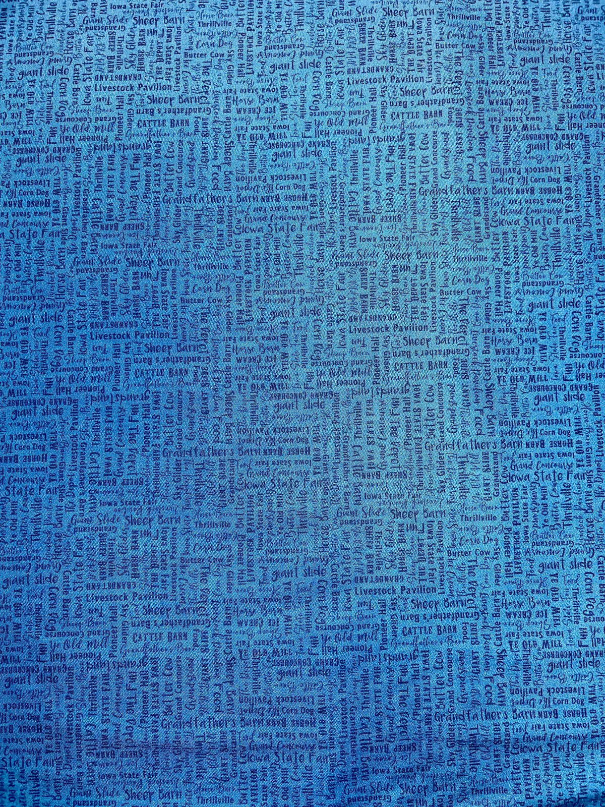 2023 All Iowa Shop Hop Fabric Words on Blue fabric by the yard